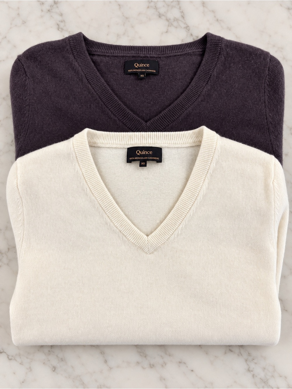 Quince 100% Mongolian Cashmere V Neck Sweaters XS Ivory Deep Orchid Purple 2 Lot
